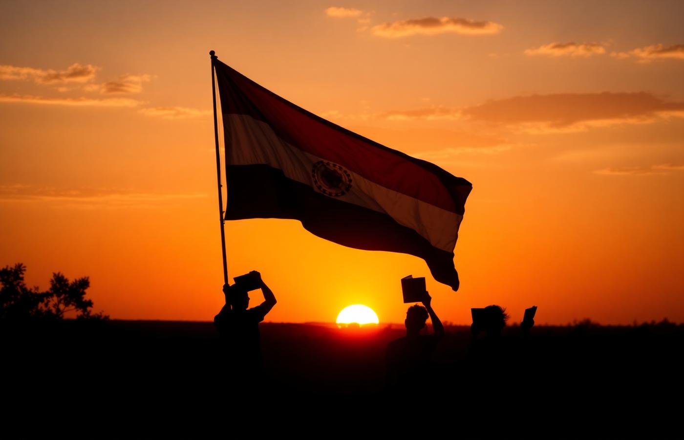 Bandera paraguaya al atardecer sobre el Chaco